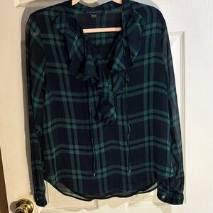 Women’s Tommy Hilfiger Navy and Green Plaid Ruffle Tie-Neck Blouse Medium